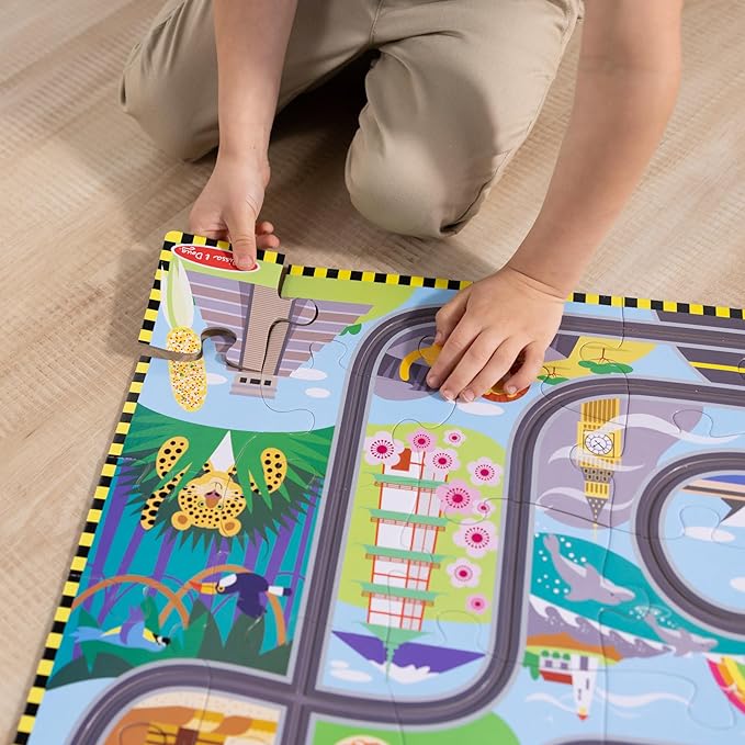 Melissa & Doug Race Around the World Tracks Cardboard Jigsaw Floor Puzzle and Wind-Up Vehicles (48 Pcs) for Preschoolers and Kids Ages 4+