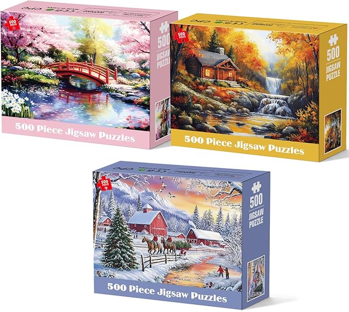 3 Pack 500 Pieces Puzzles for Adults, Spring Autumn Winter Puzzle for Adults Elderly, Colorful 4 Seasons Jigsaw Puzzle, Recycled Paper Puzzle 500 Pieces, Family Activity Game Nights Gifts 20.5x15 in