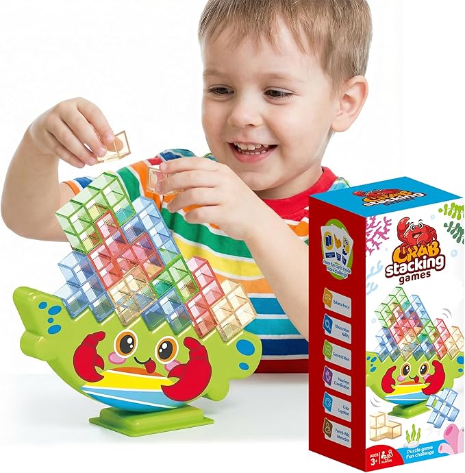 Crab Tower Stack Game – Colorful Building Blocks Game for Kids | Improve Focus & Coordination | Fine Motor Montessori Puzzle for Ages 3+ | Fun Gift in Bright Gift Box