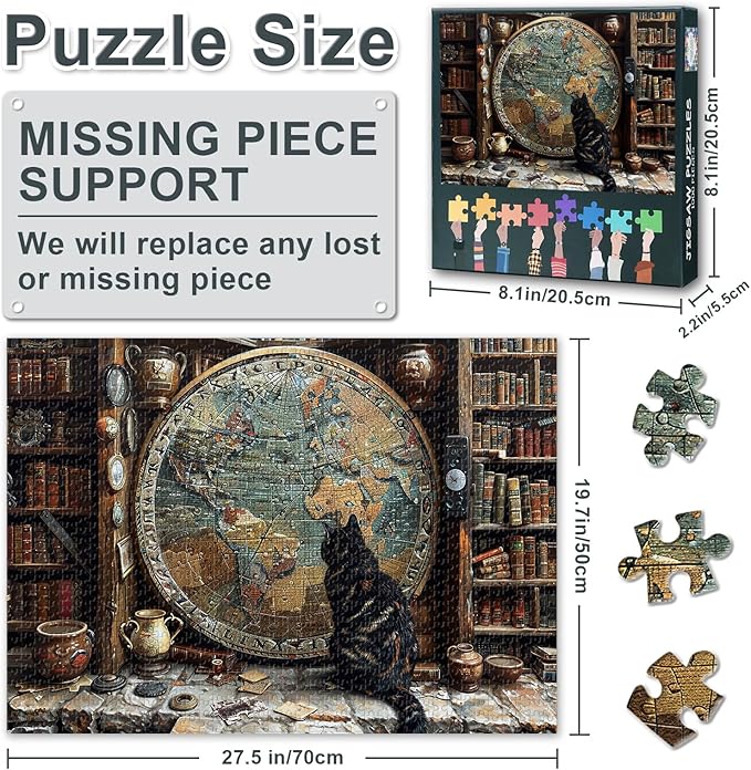 Curious Cat Puzzles for Adults 1000 Pieces, Vintage World Map Jigsaw Puzzles, Adult Puzzle for Adults, Educational Fun Games or Toys for Elders Friends 20X27 INCH