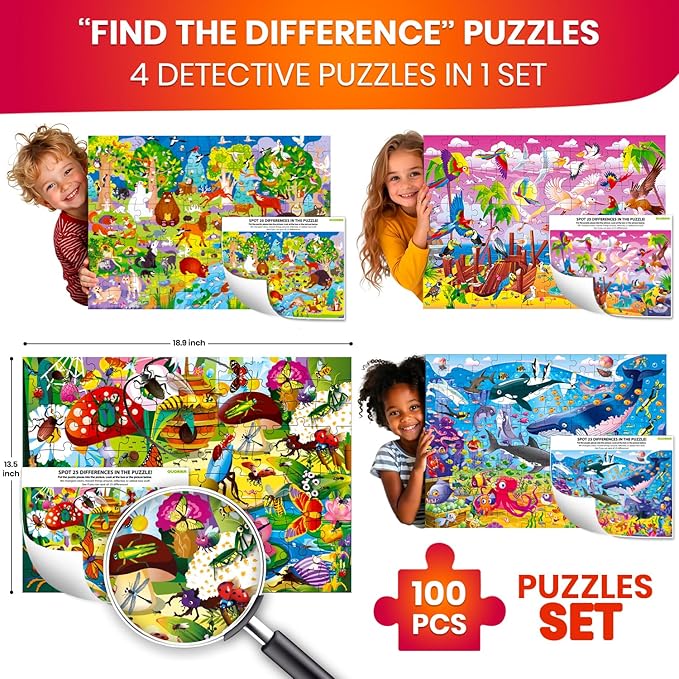 QUOKKA 100 Piece Puzzles for Kids Ages 4-6 – 4 Jigsaw Puzzles for Kids Ages 6-8 – Search and Find Game with Ocean Forest Animals for Childrens 5-8 – Learning Educational Toys for Boys and Girls 8-11