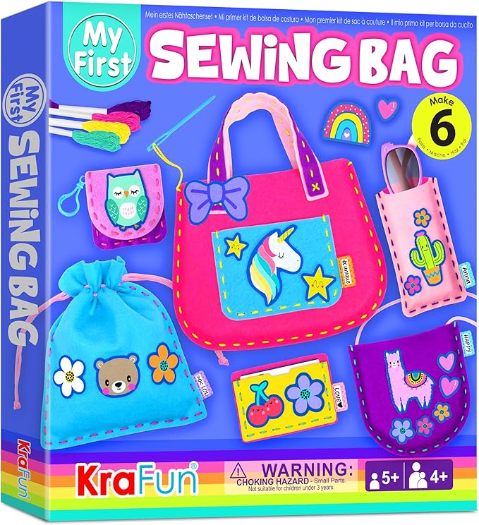 KRAFUN My First Sewing Bag Kit Arts & Crafts for Beginner Kids, 6 Easy DIY Sewing mini Bag Holder Case Projects of Animal Theme, Instructions Learn to Sew & Felt Embroidery, Gift for Girls & Boys