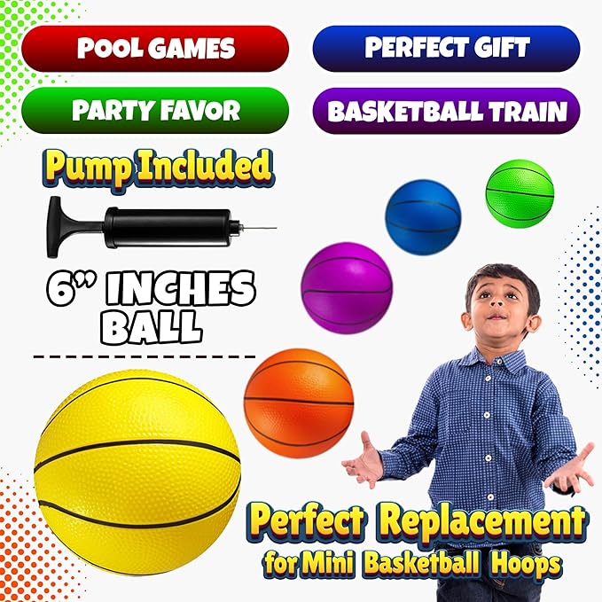 Mini Basketball Set for Kids - 6 Inch (5 Pack) w/Hand Pump - Small Size Indoor Mini Hoop Balls for Toddlers - Over The Door Basketball Games, Indoor & Outdoor, Small Hoops, Pool Play & Party Favors