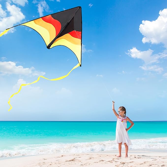 SYNCFUN Large Delta Kite Gradient Yellow– Easy to Fly for Kids and Adults, Beach Kite with 328 ft String for Outdoor Games and Activities