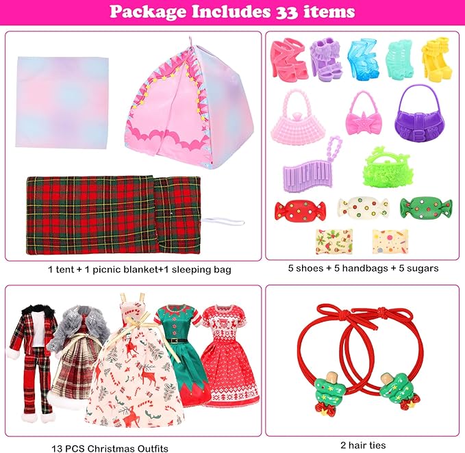 Miunana 33PCS Fashion Doll Winter Holiday Outfits & Accessories for 11.5" Dolls – Cozy Christmas Dresses, Coats, Hats, Bags & More