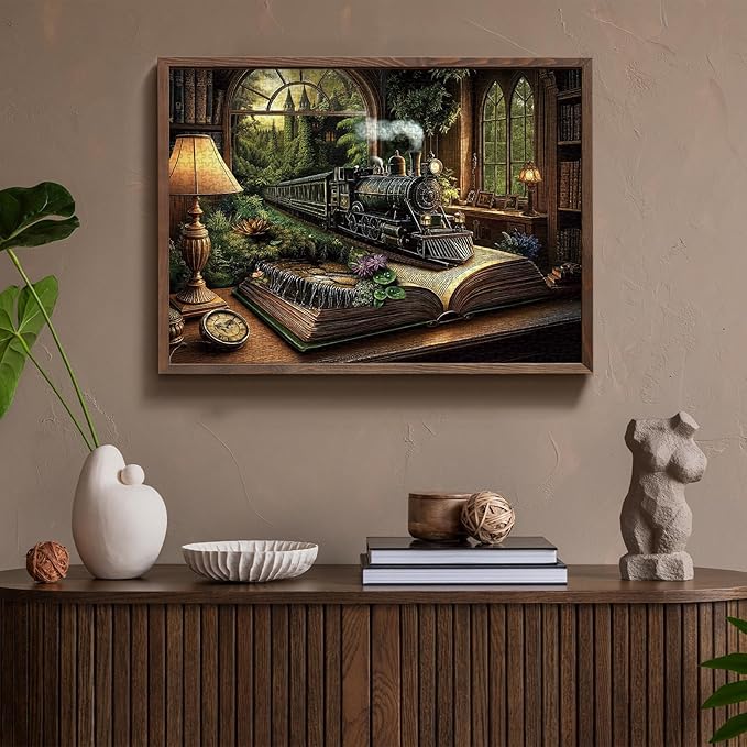 Train Fantasy Forest Puzzle 1000 Pieces for Adults, Magic Book Vintage Castle Jigsaw Puzzles, Nature Plant Tree Bookshelf Puzzles