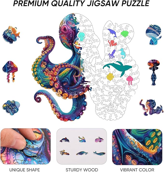 Qiuenisray Wooden Puzzles for Adults, Octopus Ocean Jigsaw Puzzles 200 Pieces, Cool Wood Puzzle Wall Decor, FSC Certified Unique Animal Adult Puzzles Piece, Creative Gift for Family Game 11.2x11.2 in