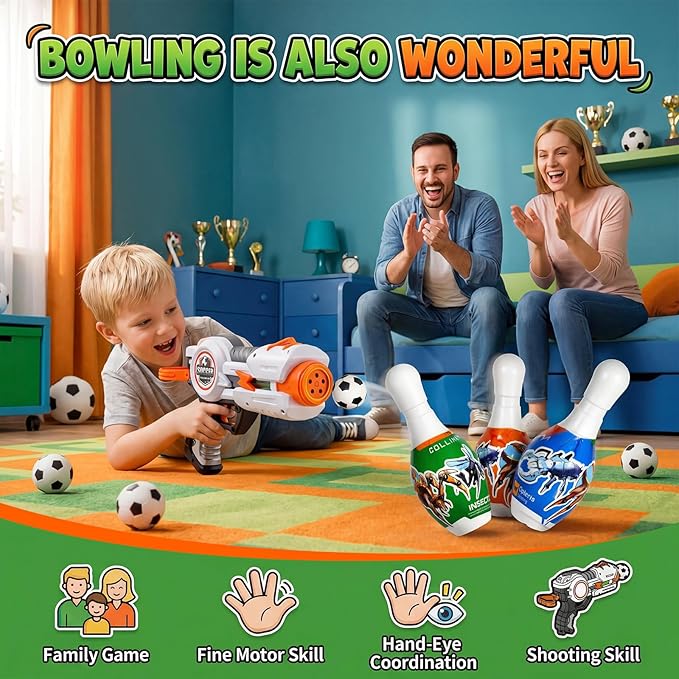 Kids Shooting Game Toy Set,Soccer Game for Kids,Including 24 Foam Soccer Balls and 3 Foam Bowling Pins,LCD Score Record,Indoor Outdoor Birthday Gift for Kids Boys and Girls Ages 3+Years Old