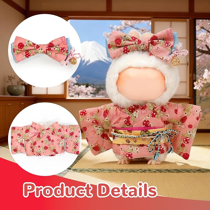17cm Doll Clothes,Outfit Accessories Kimono Set for 6.7inch Dolls Girls, Kawaii Chic Designer Style Strawberry Butterfly Knot Hairbow+Pink Clothing Pajamas(NO Doll)