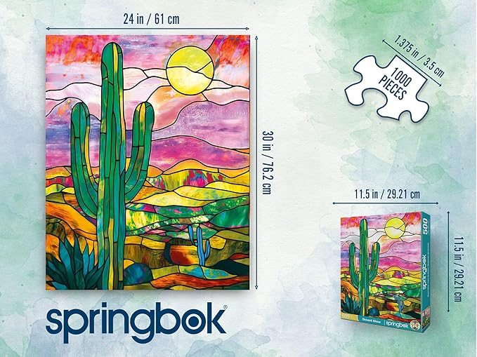Springbok Desert Glow 500 Piece Jigsaw Puzzle for Adults - Stained Glass Cactus - Unique Cut Pieces - Made in USA