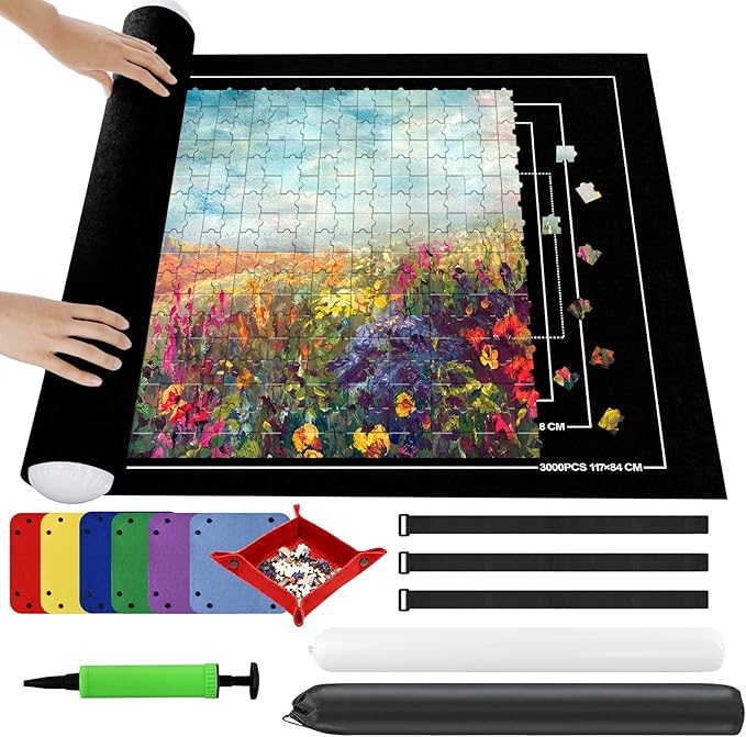 Ainiv Jigsaw Puzzle Mat Roll Up 3000 Pieces, 55" x 39" Portable Felt Puzzles Board with 6 Sorting Trays & Travel Storage Bag, Jigsaw Saver Pad Keeper for Adults Teens, Black
