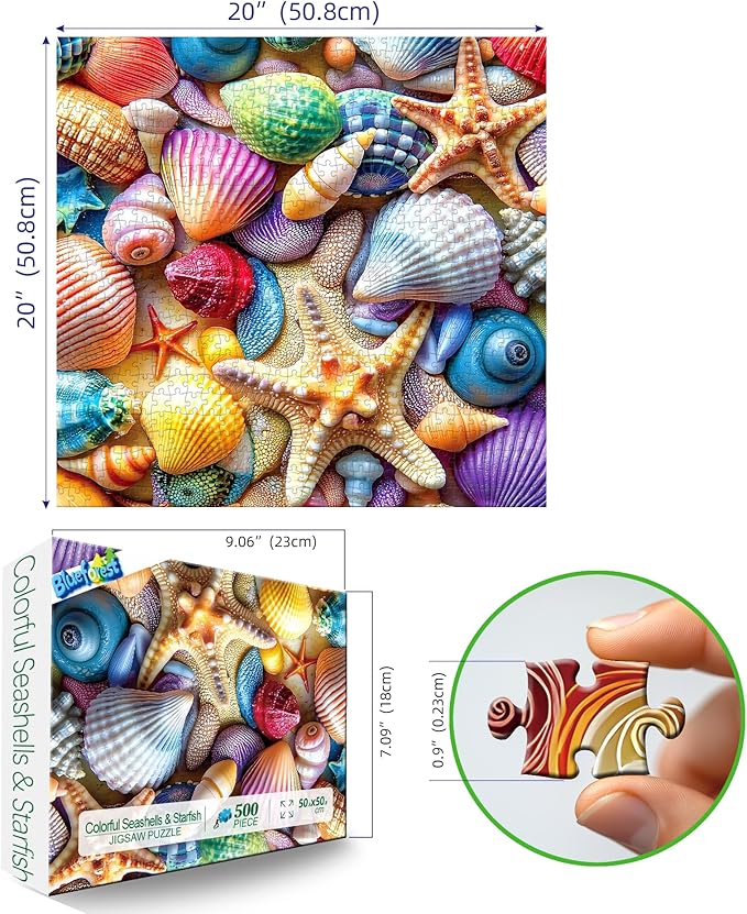 Blueforest 500 Piece Jigsaw Puzzle for Adults - Ocean Seashells & Starfish Theme, Challenging Puzzles with Vibrant Colors, Premium Cardboard for Stress Relief & Home Decor