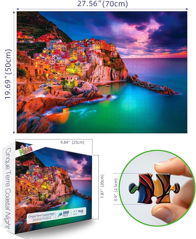 Cinque Terre Coastal Nightfall 1000 Piece Puzzle for Adults, Fun Puzzles for Adults 1000 Pieces with HD Print & Poster, 27.5 * 19.7 in Dust Free, for Gifts Halloween Christmas Family Games Lovers
