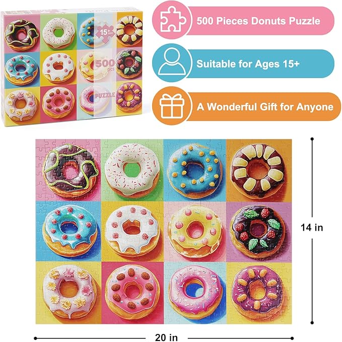 500 Piece Jigsaw Puzzle for Adults and Families - Colorful Donuts Pieces - Challenging Puzzle for Game Nights Holiday Family Party Decoration