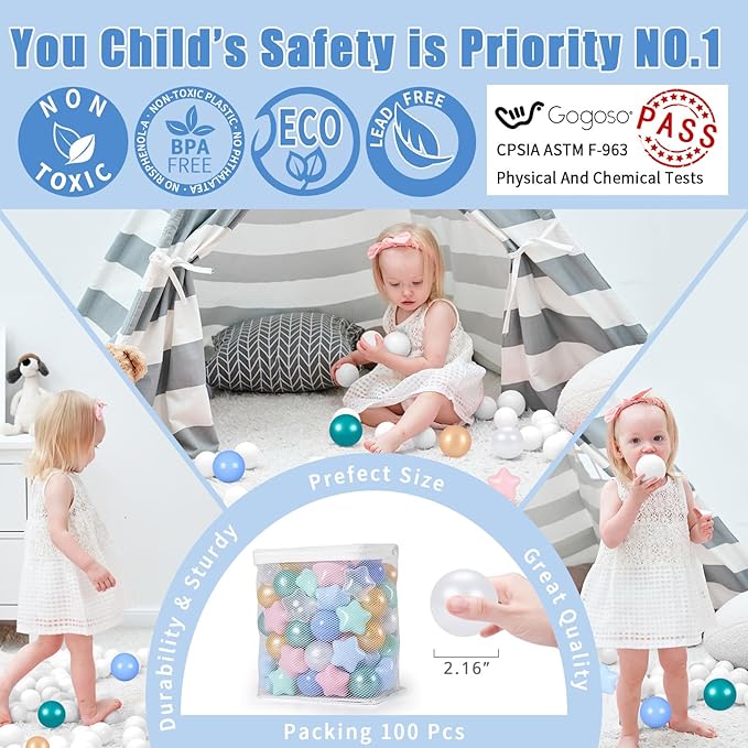 GOGOSO Ball Pit Balls for Toddlers Phthalate-Free BPA-Free Non-Toxic Crush Proof Soft Plastic Play Balls Baby Kids Shape Tent Pool Playhouse Playpen Party Decor, Pink+Green+Gold+Blue+White 100PCS