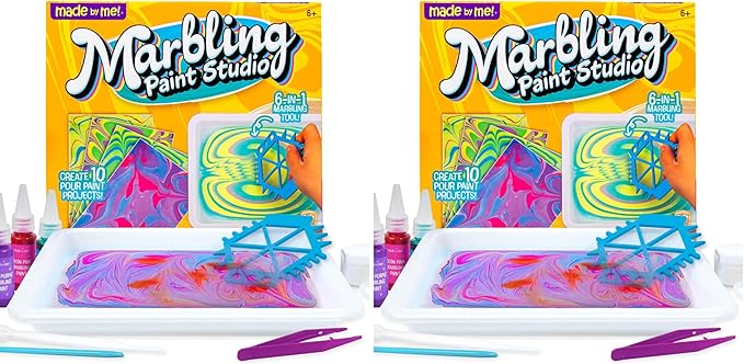 Made By Me Marbling Studio, 25-Piece Marbling Kit for Kids - Make 10 Pour Paint Art Projects - Dip & Paint Marbling Arts & Crafts for Ages 6-9 - Fun Gift (Pack of 2)