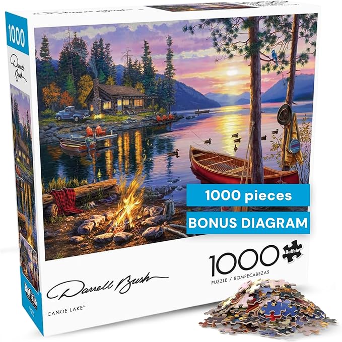 Buffalo Games - Canoe Lake 1000 Piece Puzzle for Adults - Jigsaw Puzzles – Darrell Bush Cabin Sunset Artwork with Poster – Challenging Outdoor Nature Scene