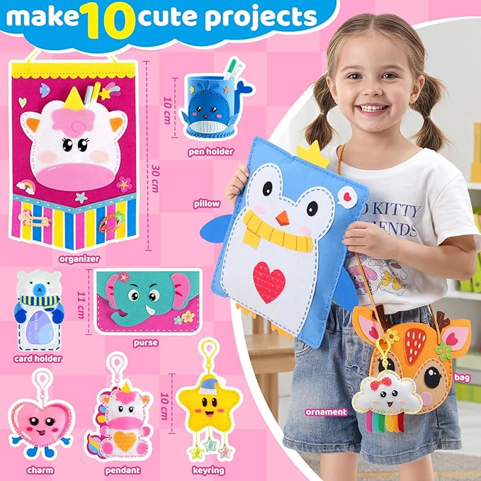 Funtopia Felt Sewing Crafts for Kids Ages 4-12, 10 Easy DIY Projects Kids Sewing Kit with Tutorial, Learn to Sew Plush Pillow Hanging Organizer Handbag, Beginner Sew Toys and Birthday Gift for Girls