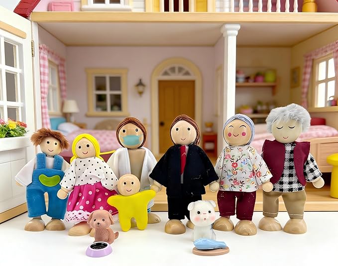 HYSTYLE 12 Pieces Wooden Dollhouse Family Set with Dog Cat Mini People Figures Dollhouse Dolls Wooden Doll Family Pretend Play Figures Accessories for Pretend Dollhouse (Style 4)