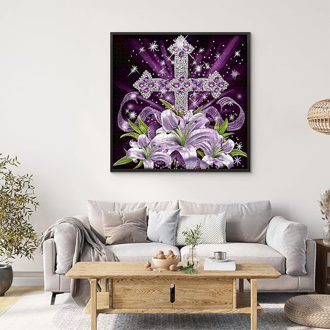 Cross Flowers Puzzle for Adults 1000 Pieces, Christian Easter Puzzles Purple Lilies, Religious Faith Jigsaw Puzzle Floral Art, Easter Catholic Wall Decor
