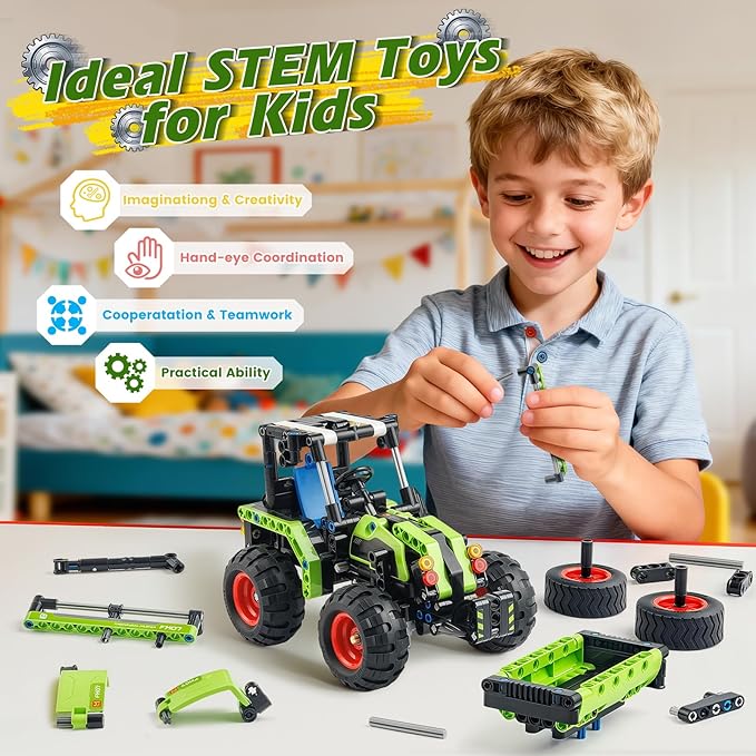 Jumlys STEM Building Toy for Kids Boys Girls Age 5, 6, 7, 8, 9, 10, 11, 12 Years Old, 2 in 1 Tractor Bulldozer Building Sets, 346 Pcs DIY Engineering Construction Building Blocks Kits