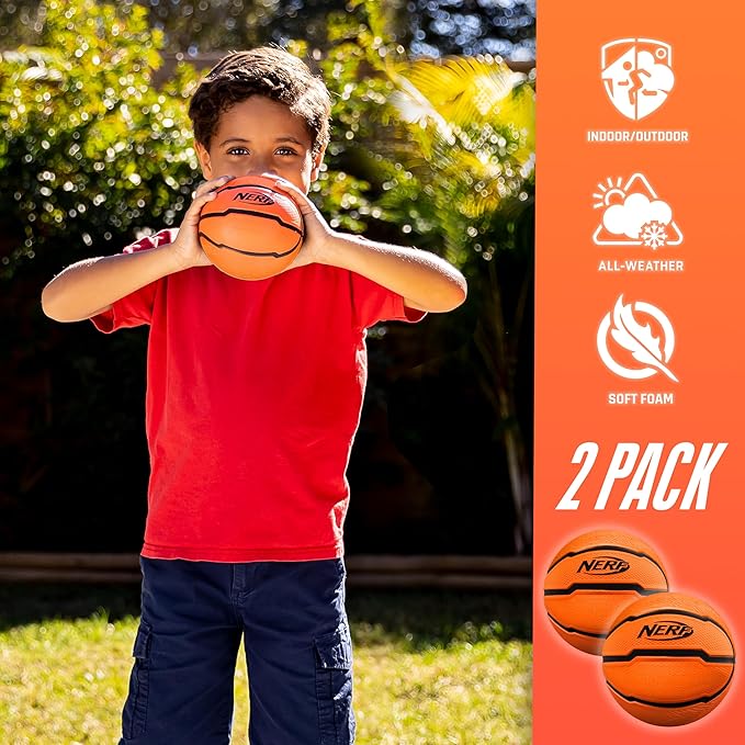 Nerf Mini Foam Basketballs - Indoor + Outdoor Foam Balls - 5" Inch Basketballs for Mini + Over the Door Hoops - 2 Balls Included - Orange