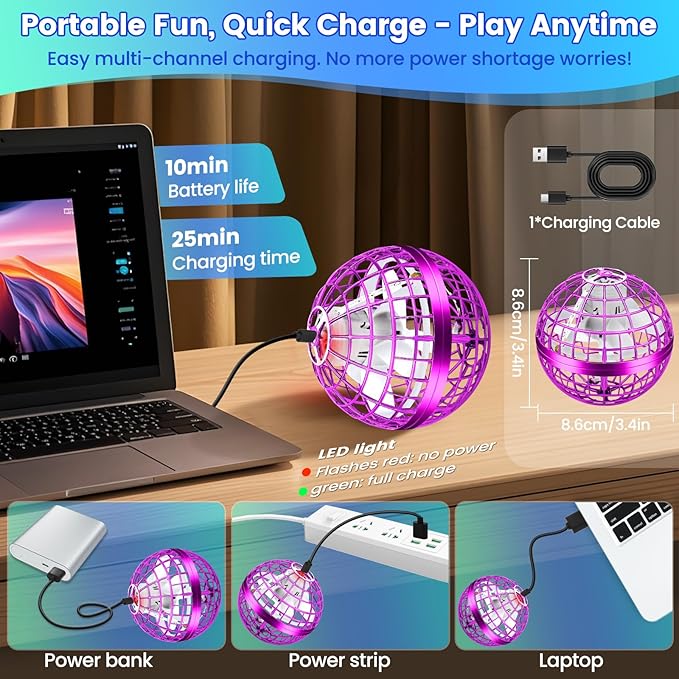 Flying Orb Ball Toy, 2026 Upgrade Hand Controlled Hover Ball with LED Lights,360° Rotating Boomerang Globe Cool Mini Drone, Ideal Birthday&Christmas Gift for Boys Girls-Bright Purple