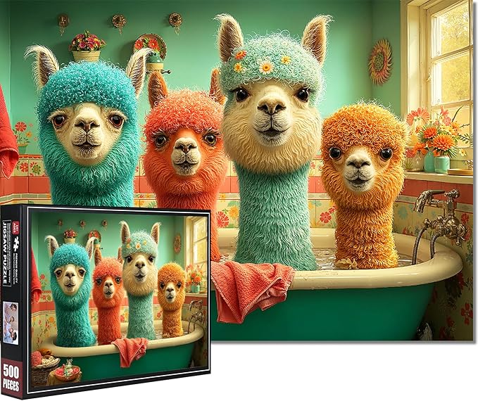 Llama Puzzles for Adults 500 Pieces - Cute Animal in Bathtub Jigsaw Puzzle, Colorful Alpaca Puzzles with Letters on Back, Challenging Hard Difficult Animal Bathing Puzzles as Thanksgiving Home Decor