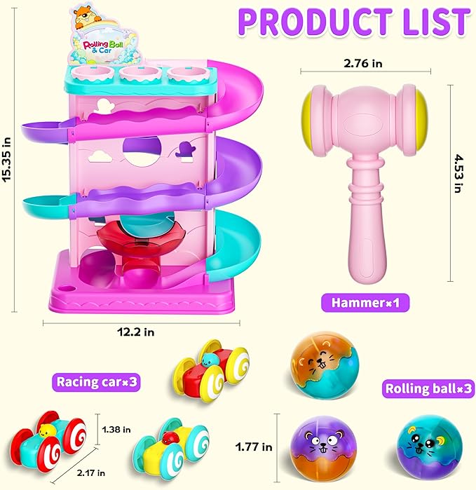 Funwee 2-in-1 Rolling Ball & Racing Car Ramp Toy for Toddlers, Race Track Hammer Lights Ball Drop, Interactive Montessori Learning Game Birthday Gift Idea for Kids 1 2 3 4 5+Year Old Girl Boy(Pink)