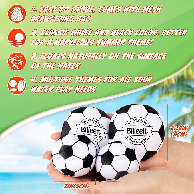 4Pcs Water Skipping Balls for Pool Play, Water Pool Beach Swim Toys for Kids Ages 4-8, 8-12 and Adults, Include 2 Balls and 2 Discs