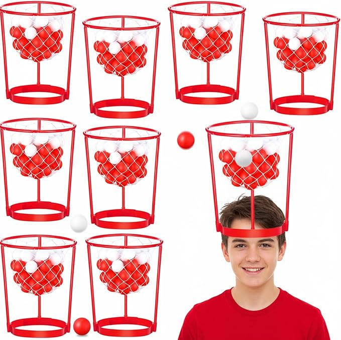 Libima 12 Pcs Head Hoop Basketball Party Game Set Portable Adjustable Basket Net Headband with Balls for Birthday Carnival Office Indoor Outdoor Activity(Red)