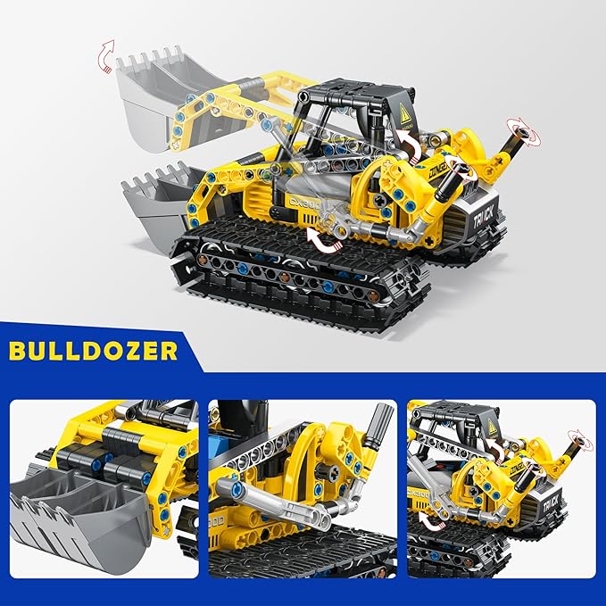 2-in-1 Excavator & Bulldozer Building Kit - 399 Pieces STEM Educational Construction Toys for Kids, Creative Birthday Gift Idea