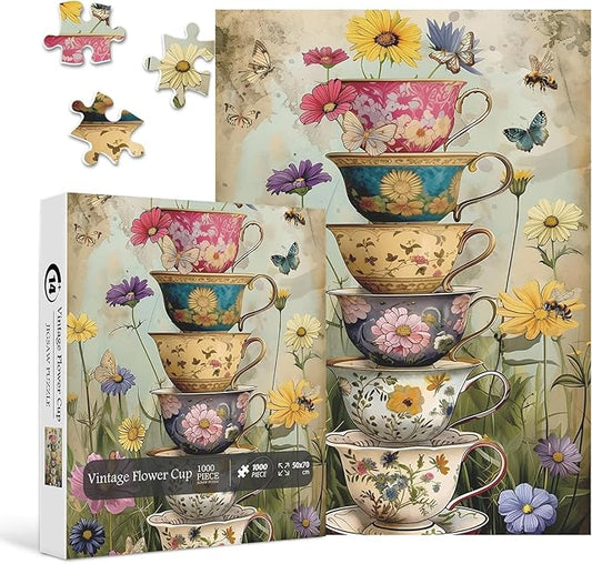 Vintage Flower Cup Puzzle for Adults 1000 Pieces, Nature Challenging Spring Floral Plant Puzzles, Retro Cups Garden Puzzle with Butterfly and Bee as Home Wall Art Decor