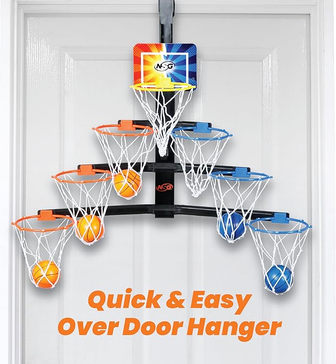 NSG Over The Door Basketball Hoop - Adjustable Height 7 Hoop Race Pyramid with 8 Mini Foam Balls & Carry Bag, Wall-Mounted, Easy Setup, Kids Indoor/Outdoor Game for Ages 5+ Years