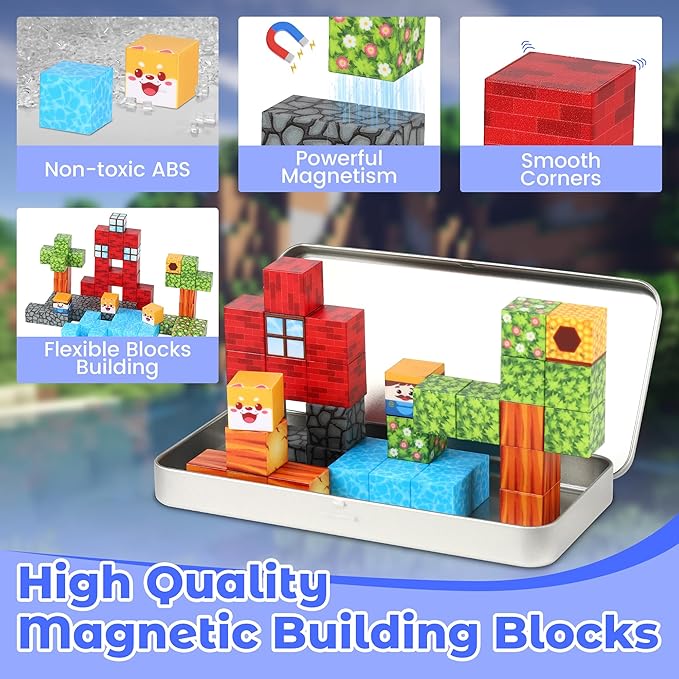 Mini Magnetic Blocks Travel Set, 35PCS Magnetic Blocks Travel Toys for Kids Ages 3-5 4-8, Portable Magnet Cubes Preschool Learning Toys with Portable Iron Storage Box Christmas Birthday