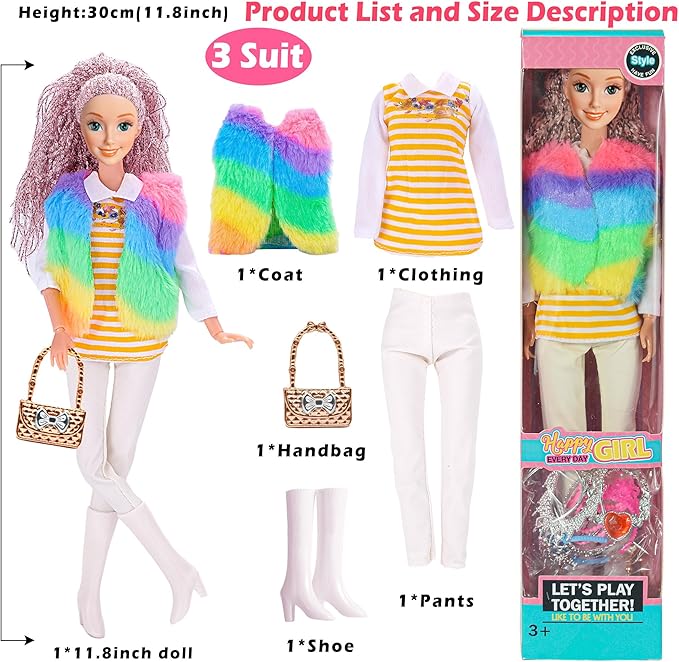 iBayda 6 Pack Fashion 11.5 inch American Toy Prinecess Dolls Playset with Outfits Dress Design and Accessories Like Handbag Hat Crown Necklace Suitcase (Gift Box Package)