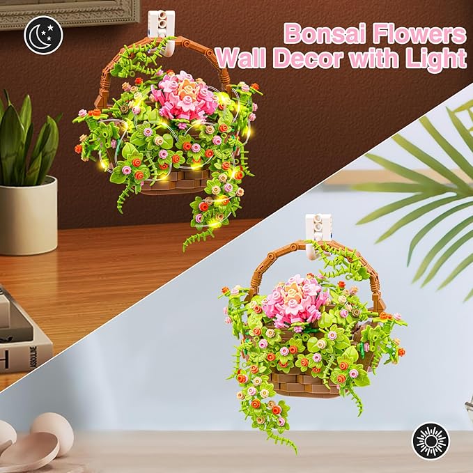 Flower Bouquet Building Set, Flowers Basket Bonsai Plants with Light, Botanical Collection Wall Decor, Creative Building Toy Gift for Adults (691 PCS)