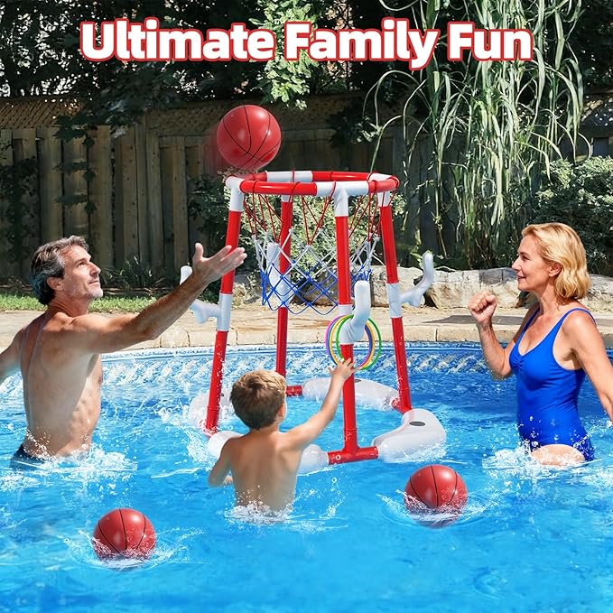 Pool Basketball Hoop for Kids 4-8 & 8-12 Years Old - 2-in-1 Floating & Above Ground Water Game with 4 Balls, 12 Rings & Pump, Outdoor Play Swimming Pool Toy for Adult Summer Party
