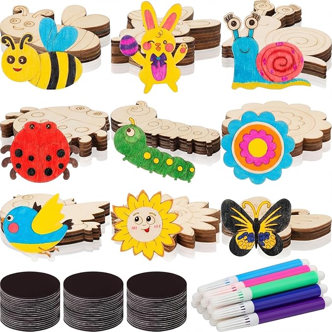 Blueweenly 36 Pcs DIY Wooden Magnets Craft Kits for Kids Wooden Art Craft Supplies Painting Kit for Kids Activities Party Favors for Boys Girls Easter Basket Stuffers Birthday Party Gifts Toys