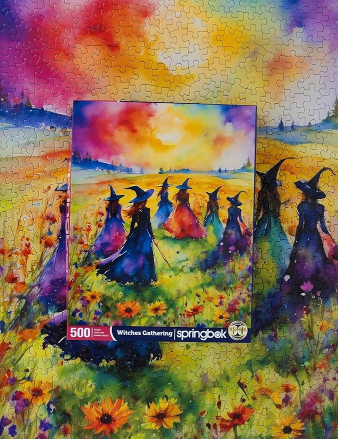 Springbok's Witches Gathering 500 Piece Puzzle for Adults is a Watercolor Image of Witches Gathering in a Blossoming Field