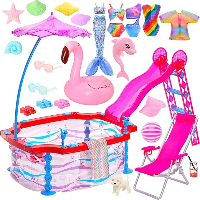 ENOCHT 46 Pcs Doll Pool Playset, Doll Pool with Slide Accessories Includes Mermaid Swimsuit, Beach Umbrella, Chair, Towel, Drink, Swimming Ring and Others Accessories fit for 11.5 inch Girl Dolls