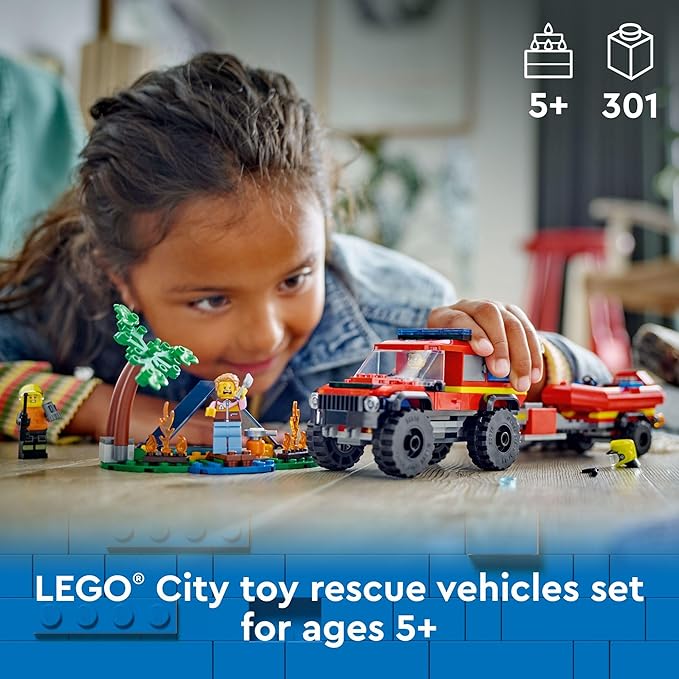 LEGO City 4x4 Fire Truck with Rescue Boat - Building Toy for Boys & Girls, Ages 5+ - Gift for Birthdays - Truck Toy W/ 3 Minifigures - 60412