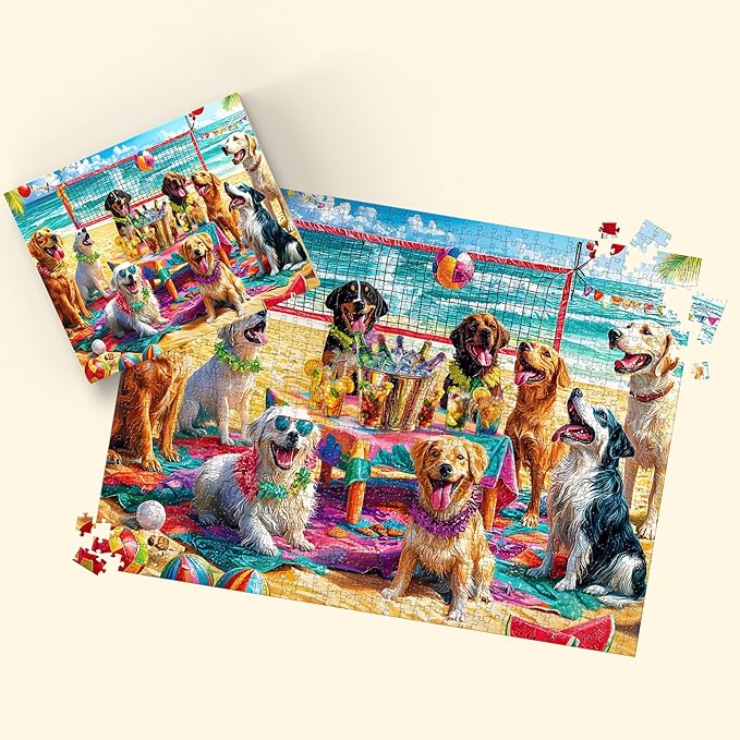 Puzzles for Adults 1000 Pieces, Dog Jigsaw Puzzles 1000 Pieces - Doggo Beach Bash, Party Decor Impossible Puzzle, Finished Size 27.56 * 19.69", with 1:1 Poster, Letter on The Back