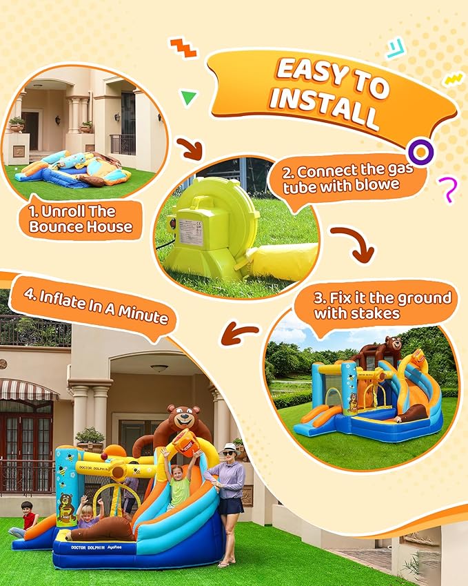 Inflatable Bounce House, Double Slide Bounce House for Big Kids, 6 in 1 Bear Jumping Castle with 450 Blower, Air Cushion, Ball Pit, Climbing Wall, Basketball Hoop