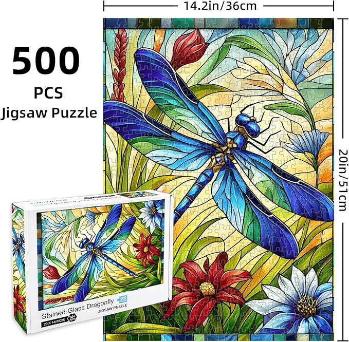Sutinban Stained Glass Dragonfly 500 Piece Puzzles for Adult, Colorful Flower Jigsaw Puzzle 500 Pieces, Impossible Challenging Adult Puzzles for Happy Family Time, Great Gift for Puzzle Lovers