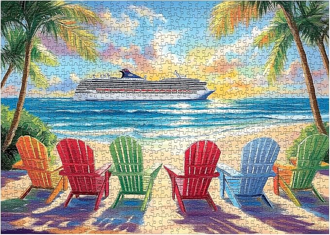 PICKFORU Beach Puzzles for Adults 1000 Piece, Rainbow Beach Lounge Chair Summer Puzzle, Colorful Ocean Jigsaw Puzzle Scenery as Coastal Wall Art