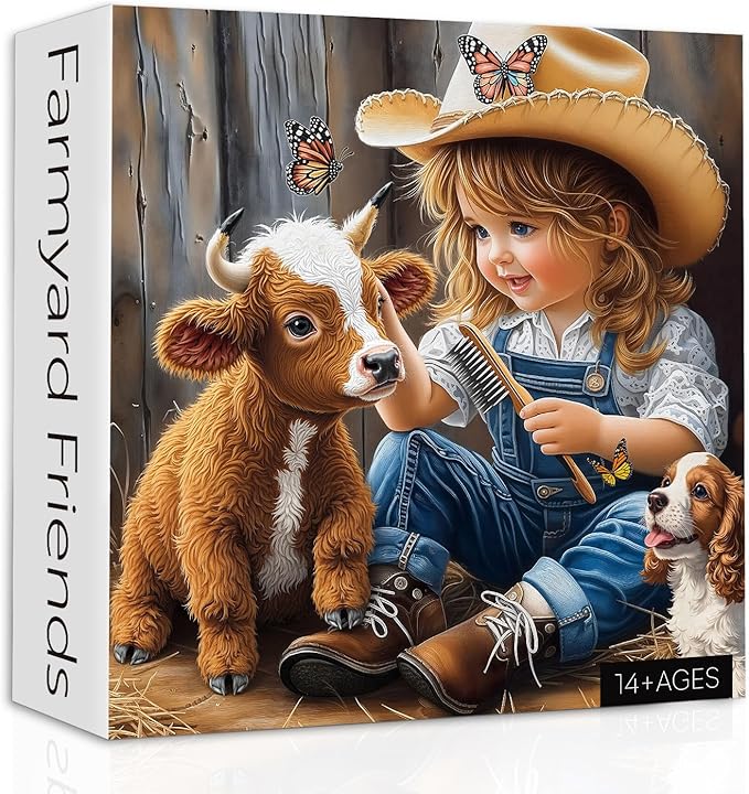Animal Farm Puzzles for Adults 1000 Pieces, Cute Highland Cow Puppy Jigsaw Puzzles, Nature Country Farmyard Friendship Puzzle