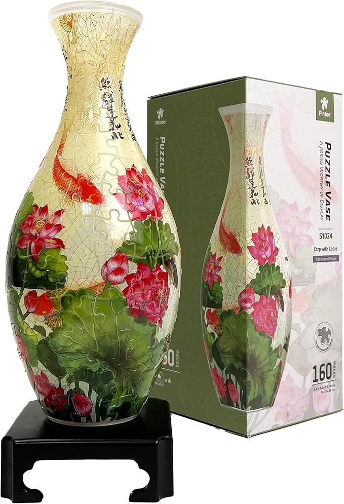 Pintoo 3D Puzzle Vase Unique Flower Vase Made by 160 Curved Plastic Puzzle Pieces House Warming Gift for Flower Arrangements and Home Decoration, for Mom [S1024] (Translucent, Carp with Lotus)