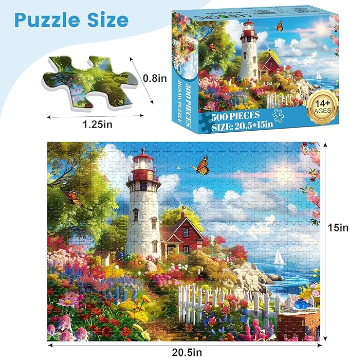 500 Pieces Puzzle for Adults Lighthouse Jigsaw Puzzle, Recycled Cardboard Jigsaw Puzzles 500 Pieces, Family Challenging Game, Nature Landscape Difficult Jigsaw Puzzle 20.5×15 in