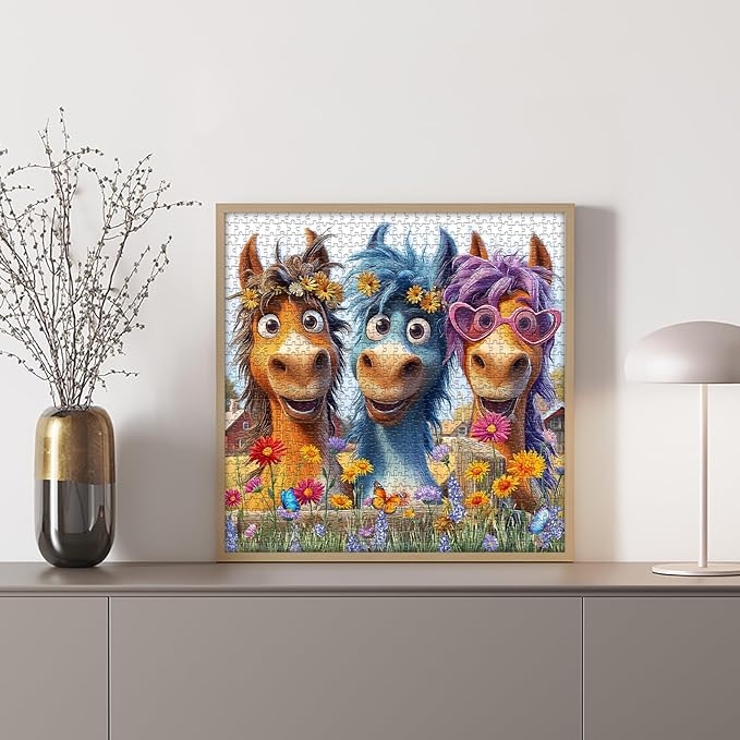 Funny Horse Puzzles for Adults 1000 Pieces, Nature Puzzle Farm Flower Cute Animal, Abstract Art Garden Challenge Jigsaw Puzzle